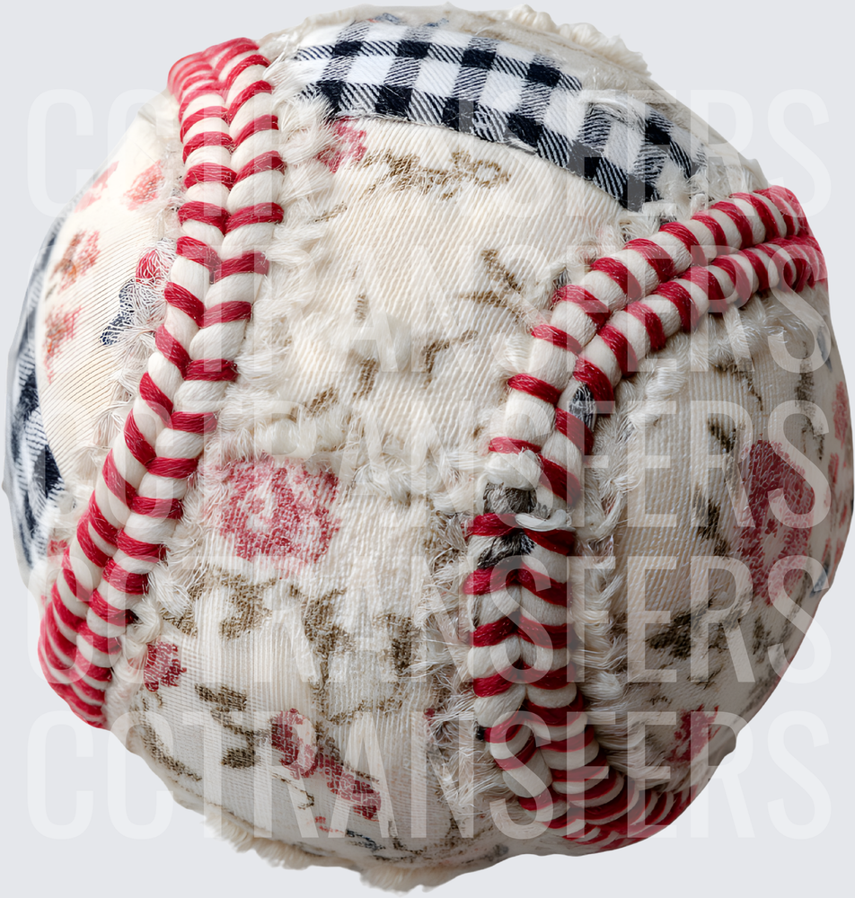 Patchwork Quilt Fabric Baseball with Red Stitching (DTF)