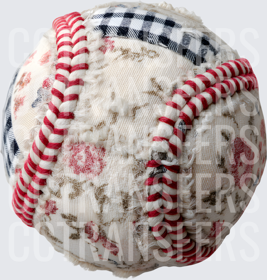 Patchwork Quilt Fabric Baseball with Red Stitching (DTF)