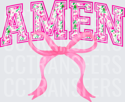 Floral Pink AMEN Varsity Letters with Pink Bow (DTF)
