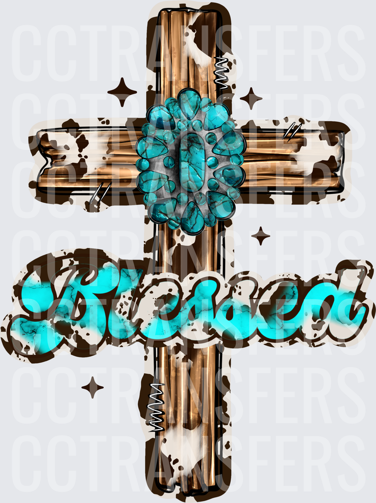 Blessed Cross Cowhide Turquoise Concho Western (DTF)