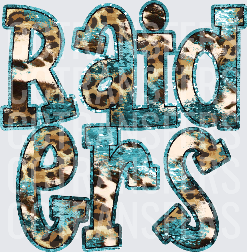 Raiders Teal Sequin Leopard Print Bold Letters (DTF)