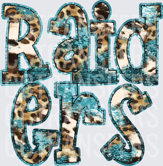 Raiders Teal Sequin Leopard Print Bold Letters (DTF)