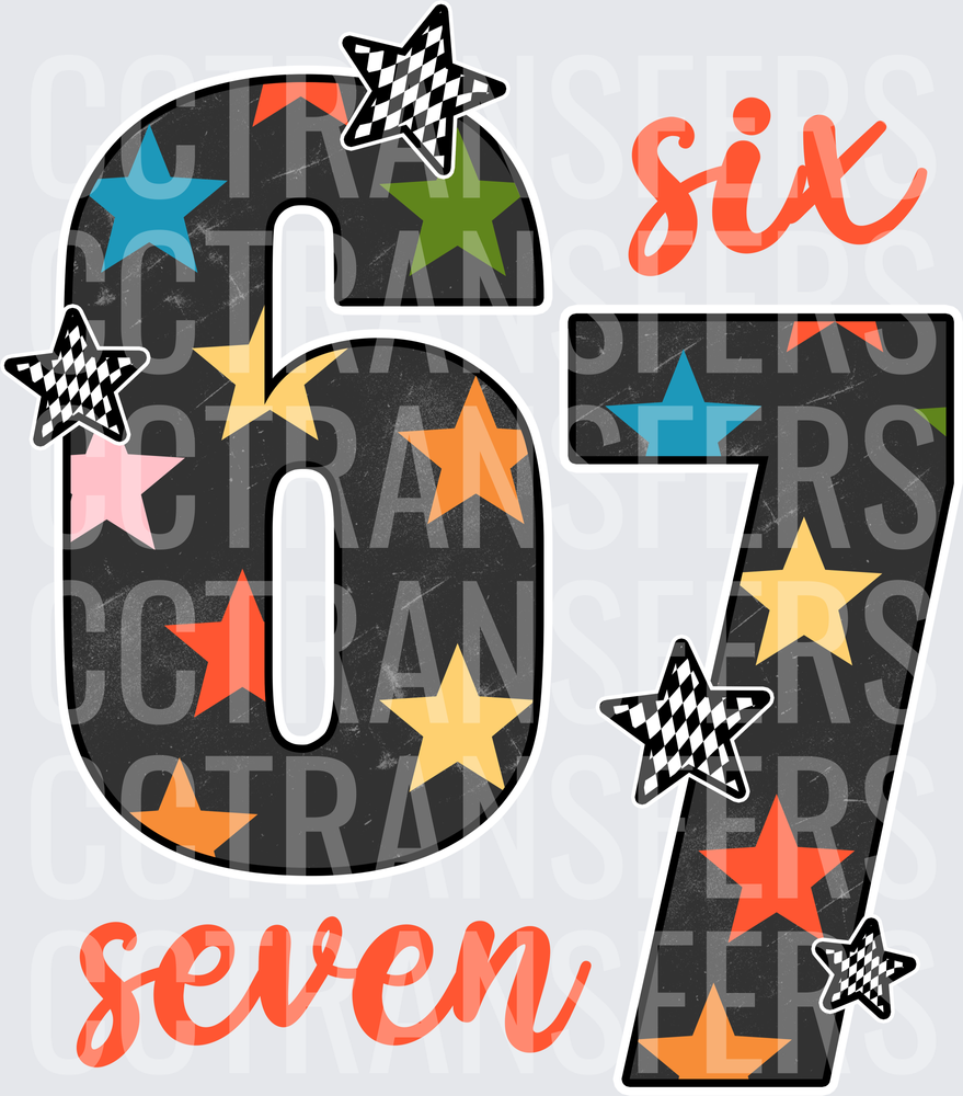 67 Six Seven Colorful Stars Chalkboard Numbers (DTF)