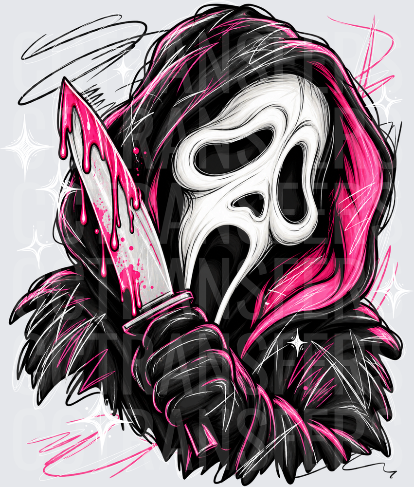 Pink & Black Horror Ghost Mask with Dripping Bloody Knife (DTF)