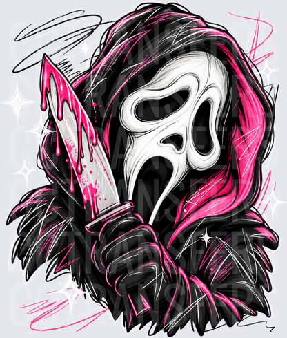 Pink & Black Horror Ghost Mask with Dripping Bloody Knife (DTF)