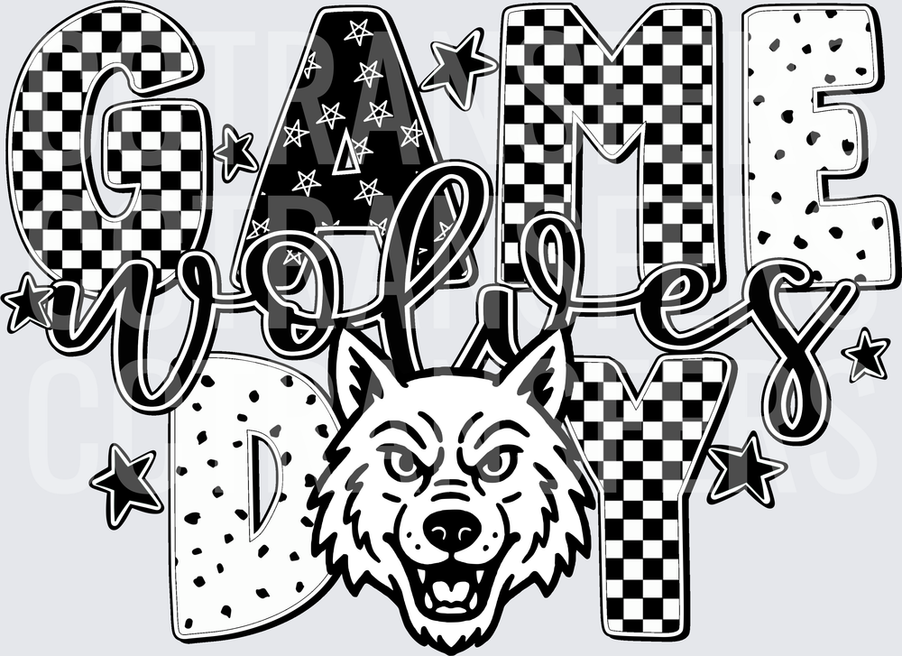 Game Day Wolves Wolf Mascot Checkered Stars Pattern (DTF)