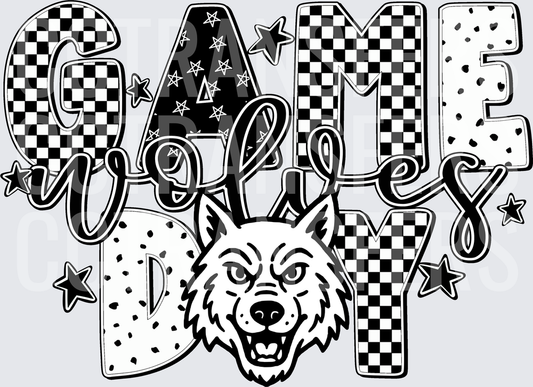 Game Day Wolves Wolf Mascot Checkered Stars Pattern (DTF)