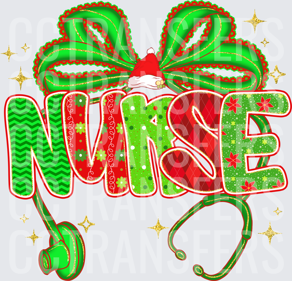Christmas Nurse Stethoscope Bow Santa Hat Holiday (DTF)
