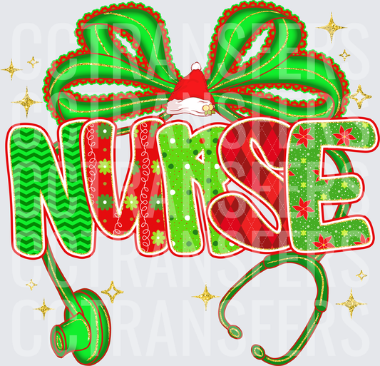 Christmas Nurse Stethoscope Bow Santa Hat Holiday (DTF)