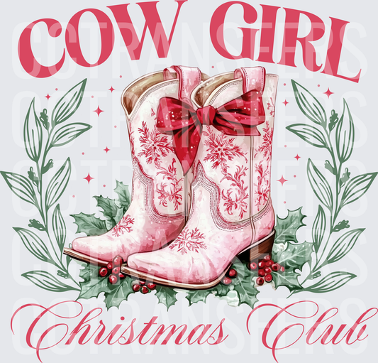 Cowgirl Christmas Club Pink Boots Holly Bow (DTF)