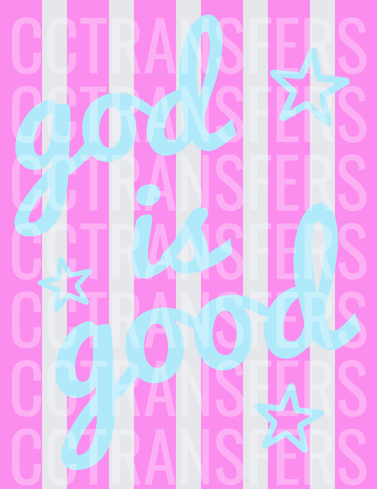 God Is Good Pink Stripe Stars Script Design (DTF)
