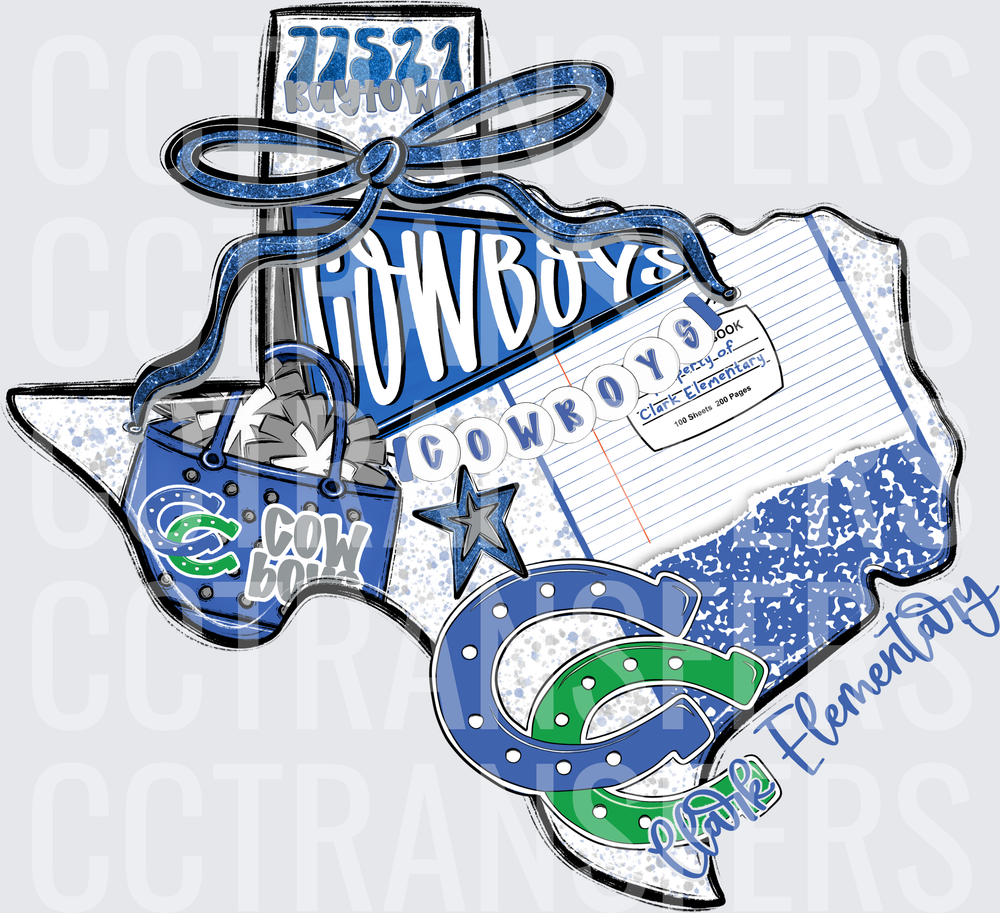 Clark Elementary Cowboys Texas State Shape School Spirit (DTF)