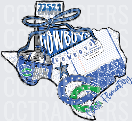 Clark Elementary Cowboys Texas State Shape School Spirit (DTF)