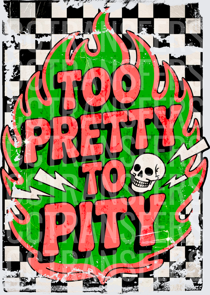 Too Pretty To Pity Green Flame Skull Checkered (DTF)