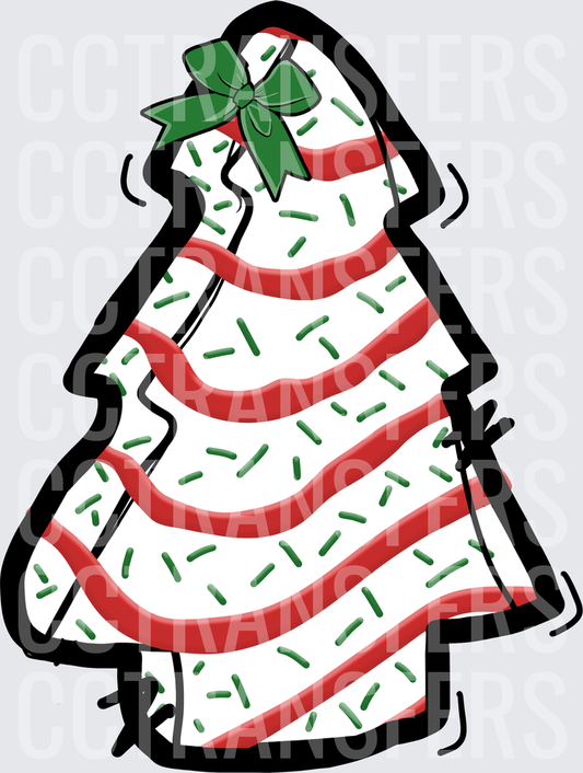 Christmas Tree Snack Cake Red Stripes Green Sprinkles Bow (DTF)