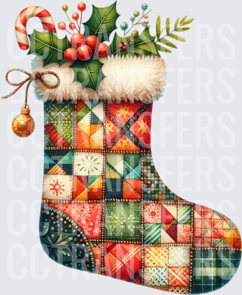 Patchwork Quilt Christmas Stocking Holly Berries Candy Cane (DTF)