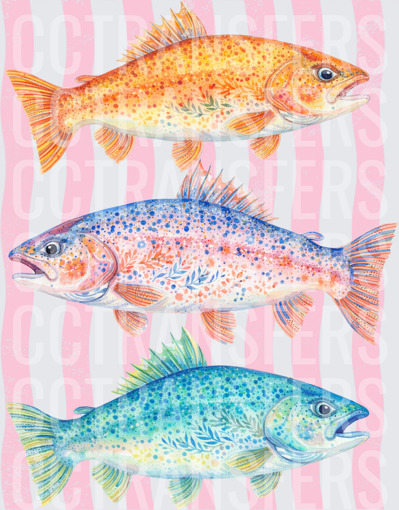 Watercolor Trio of Decorative Spotted Fish Pink Stripes (DTF)