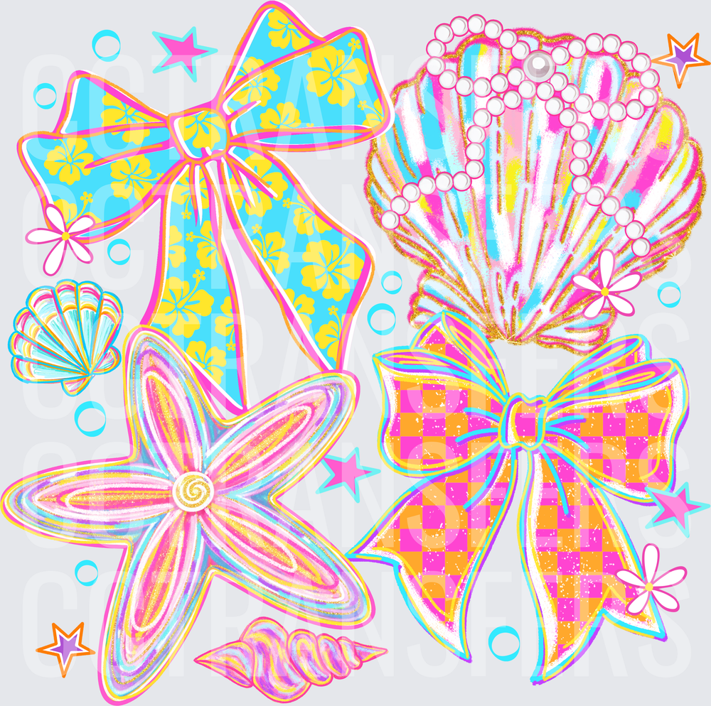 Colorful Coquette Bows Seashells Starfish Pearl Cluster (DTF)