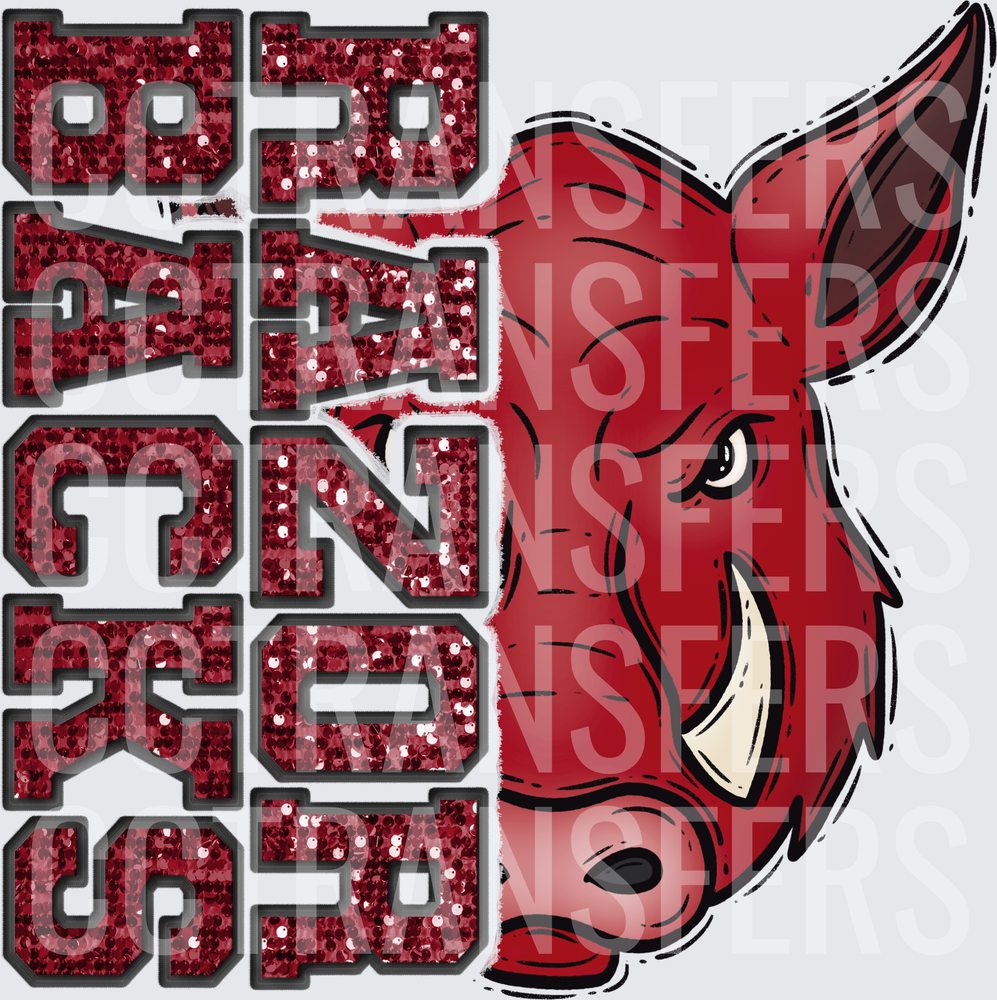 Razorbacks Glitter Sequin Hog Mascot Half Face (DTF)