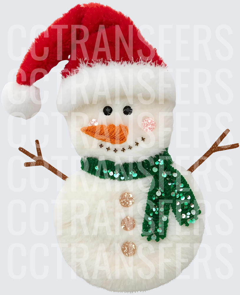 Fluffy Snowman Santa Hat Green Sequin Scarf (DTF)