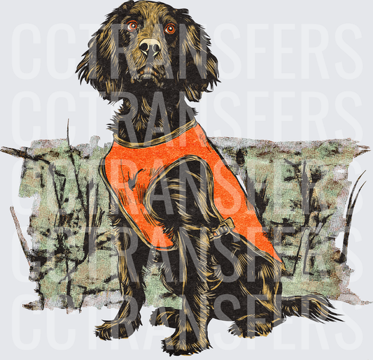 Dark Spaniel Hunting Dog Orange Safety Vest Woodland (DTF)