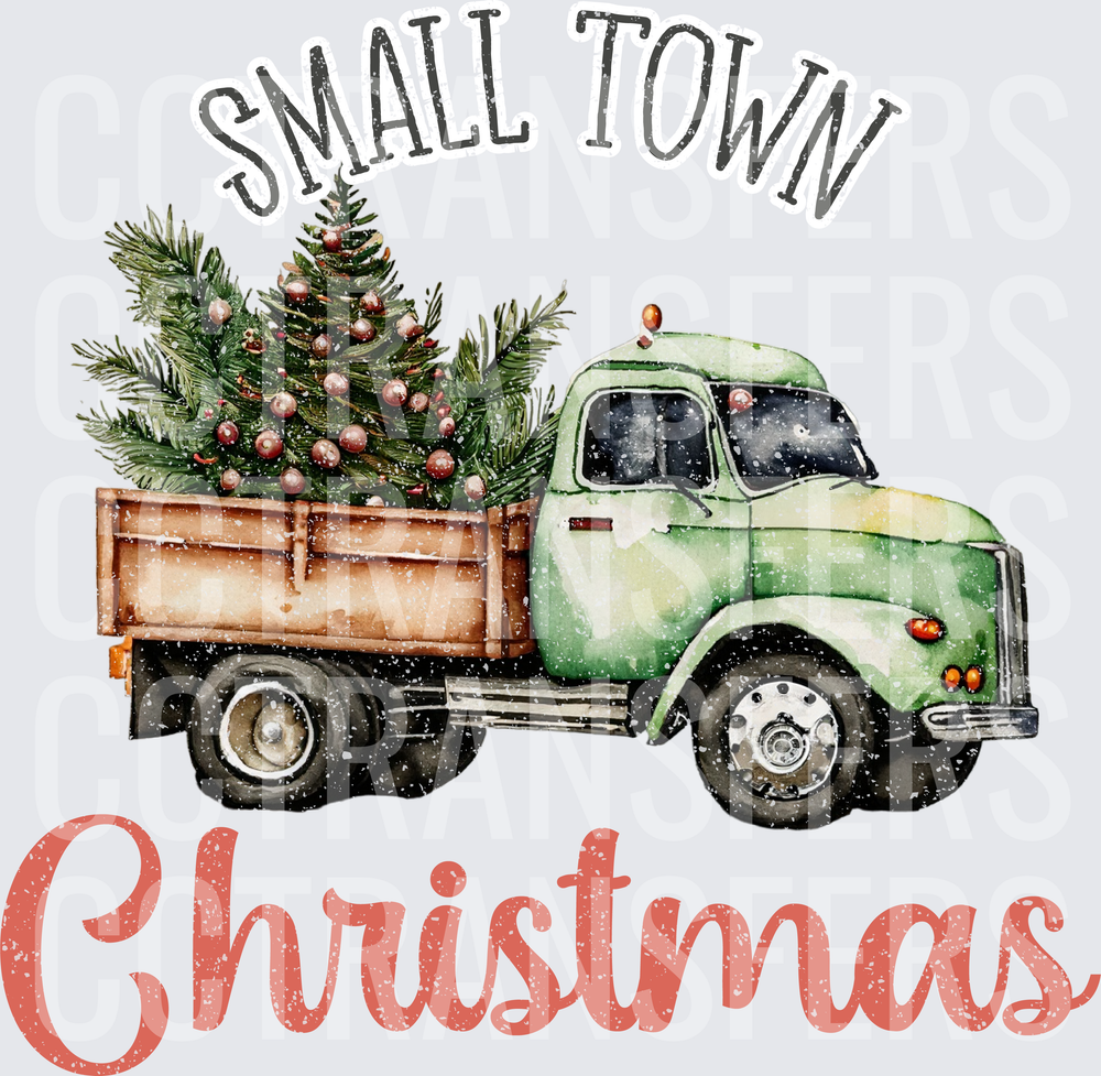 Small Town Christmas Vintage Green Truck with Trees (DTF)