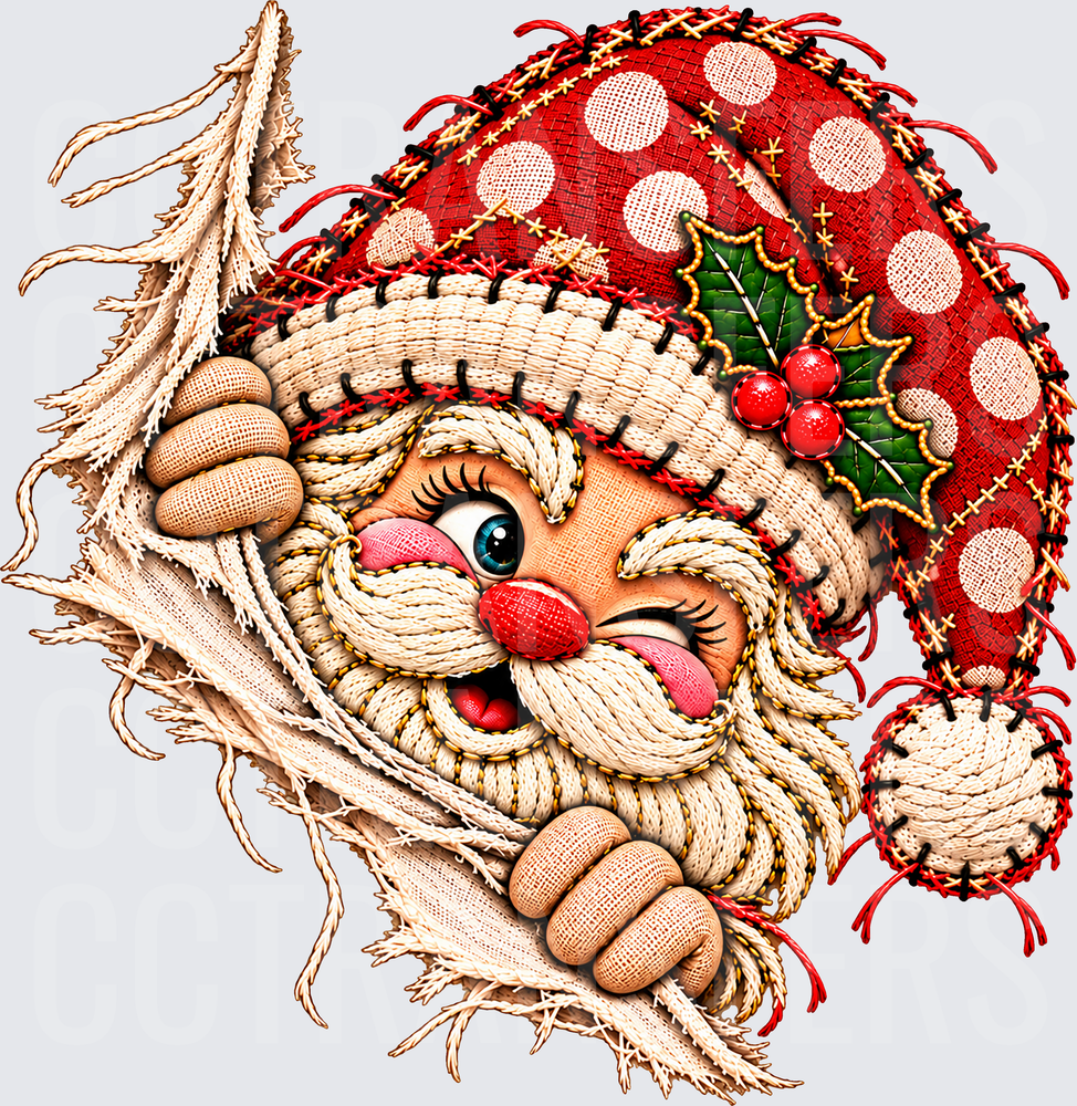 Whimsical Stitched Santa Winking Polka Dot Hat Holly (DTF)