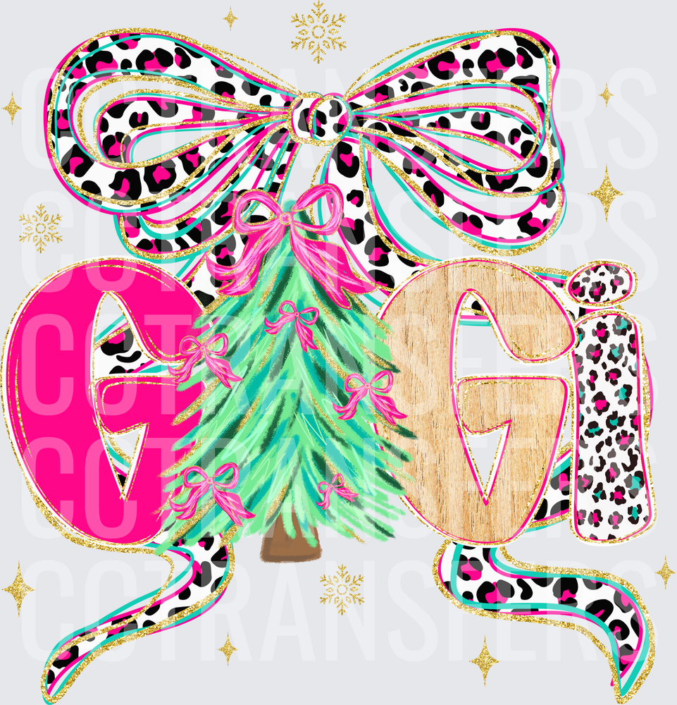 Gigi Christmas Tree Leopard Bow Gold Glitter (DTF)