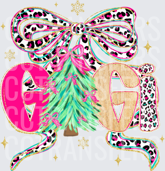 Gigi Christmas Tree Leopard Bow Gold Glitter (DTF)