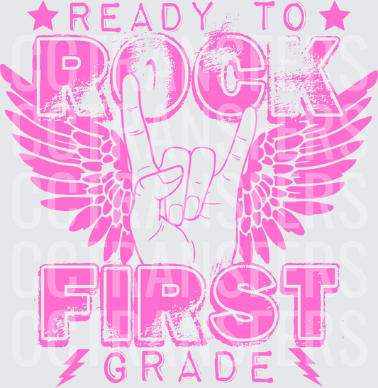 Ready To Rock First Grade Pink Rock Hand Wings Stars DTF