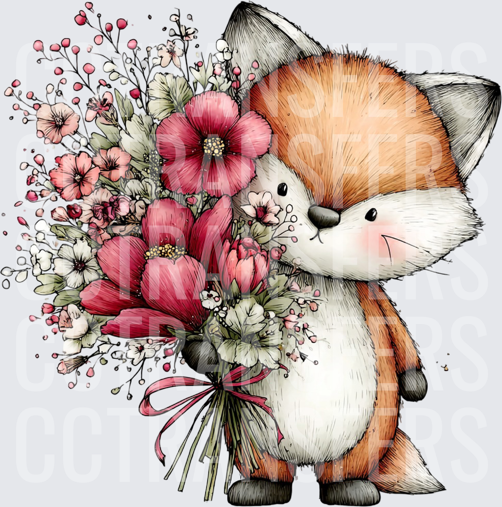 Cute Fox Holding Pink Floral Bouquet with Ribbon (DTF)