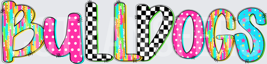 Bulldogs Bright Colorful Patterned Bold Letter Design (DTF)