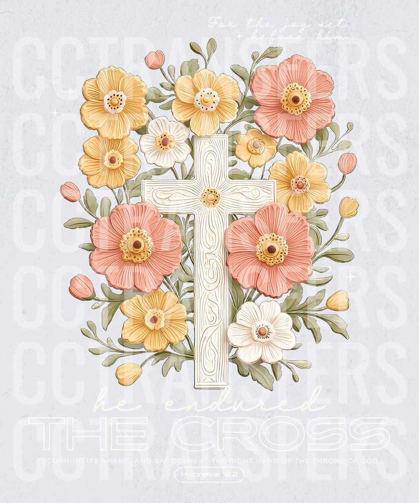 Ornate White Cross with Pastel Spring Florals (DTF)
