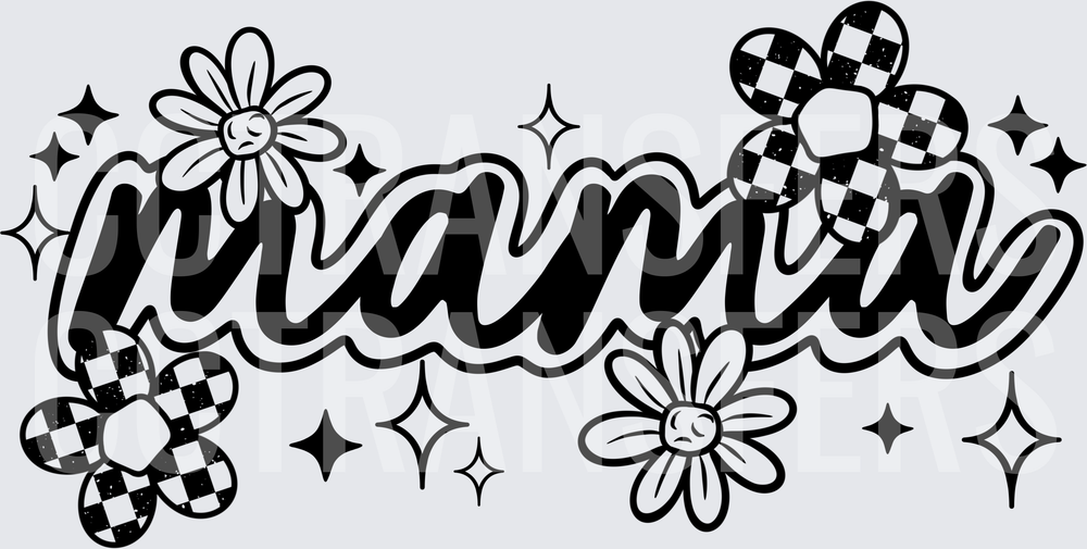 Retro Mama Bold Script Checkered Daisy Flowers Sparkles (DTF)