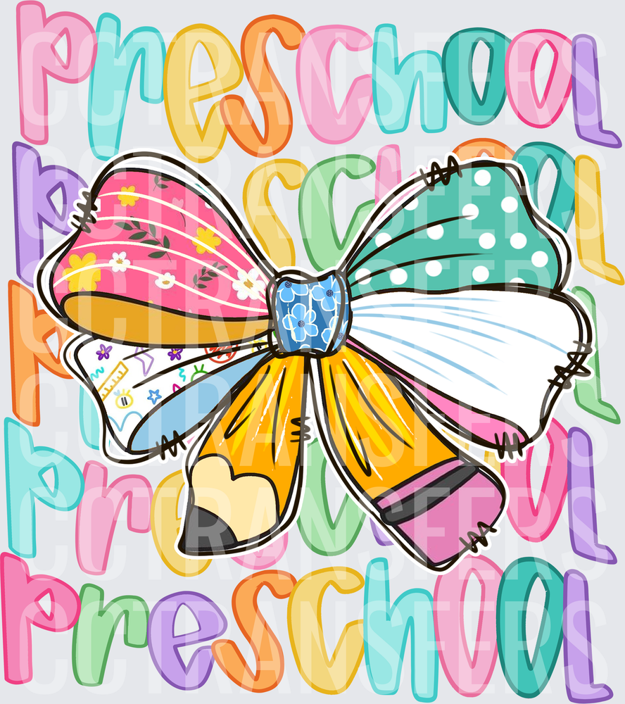 Preschool Colorful Bow Pencil Stacked Word Design (DTF)