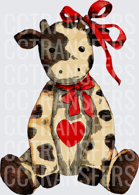 Vintage Stuffed Cow Plush Red Bow Heart Valentine (DTF)