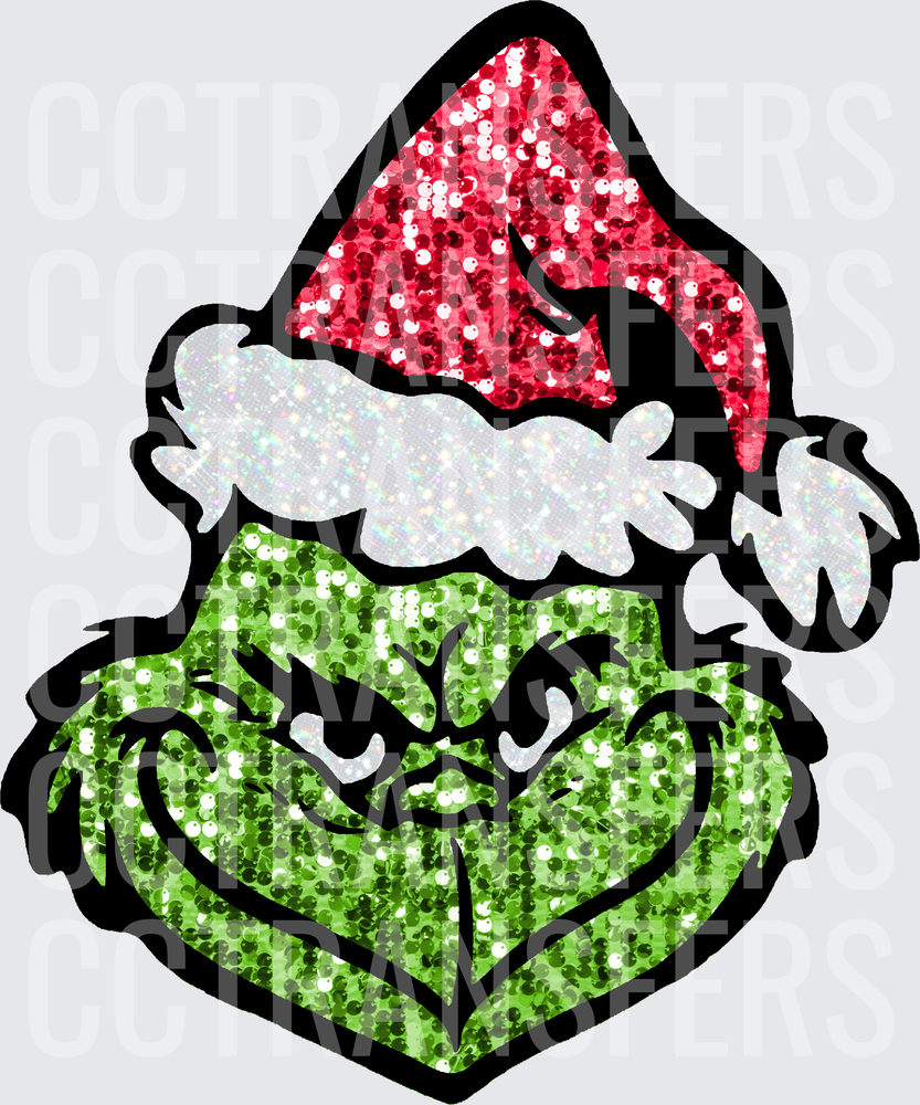 Grumpy Green G-Man Glitter Santa Hat Christmas Face (DTF)