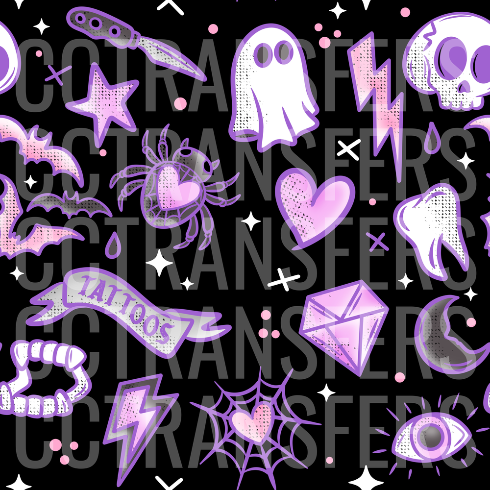 Purple Pink Gothic Halloween Spooky Icons Pattern (DTF)