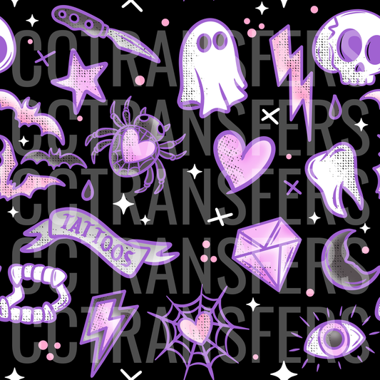 Purple Pink Gothic Halloween Spooky Icons Pattern (DTF)