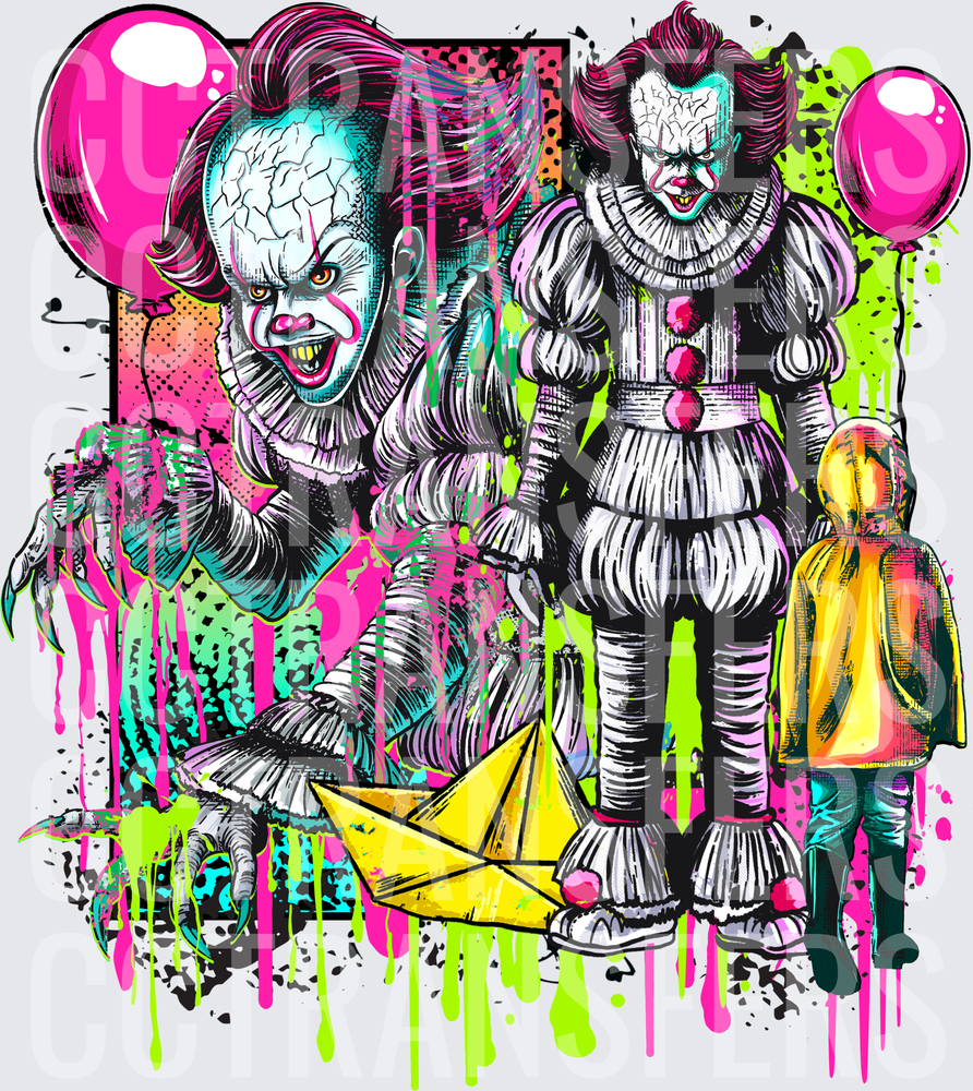 Neon Grunge Evil Clown Duo Pink Balloons Paper Boat (DTF)