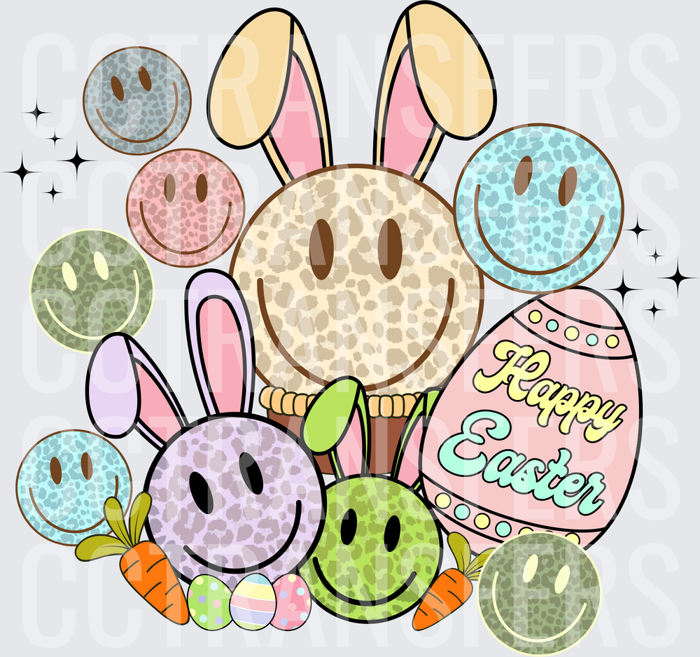 Happy Easter Leopard Smiley Faces Bunny Ears Eggs (DTF)