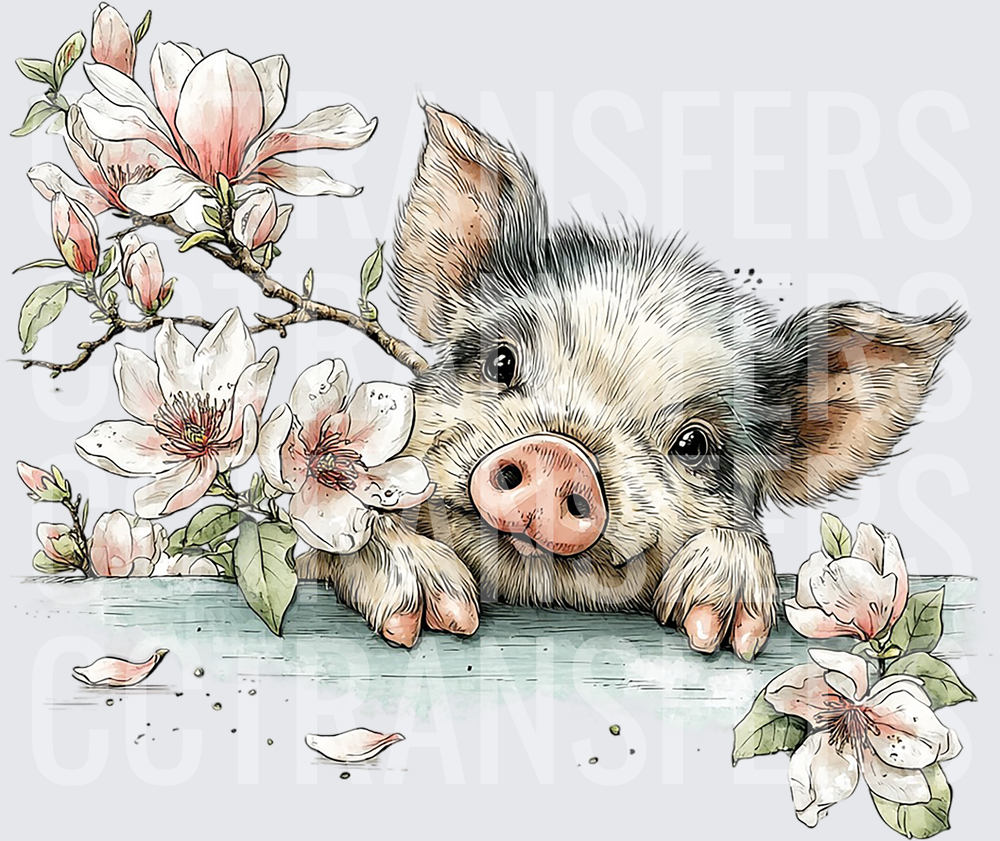 Cute Baby Pig Resting Among Magnolia Blossoms (DTF)