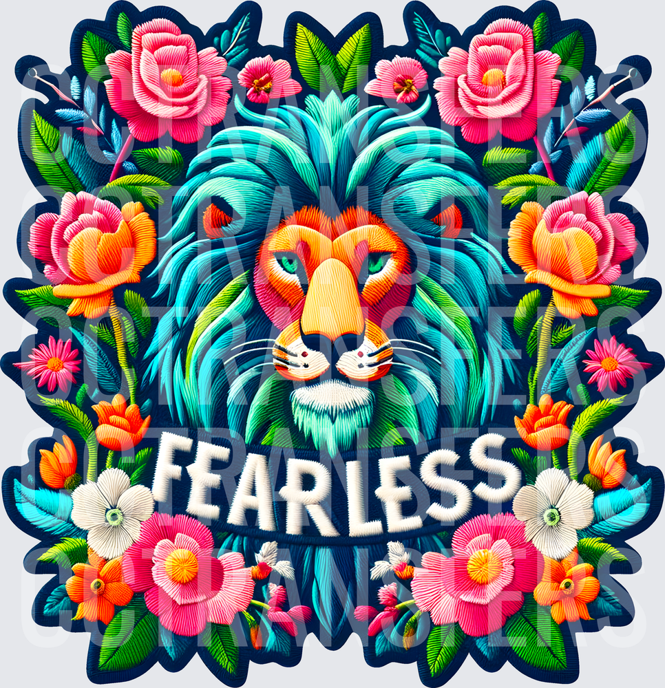 Fearless Lion Embroidery Style Floral Design (DTF)
