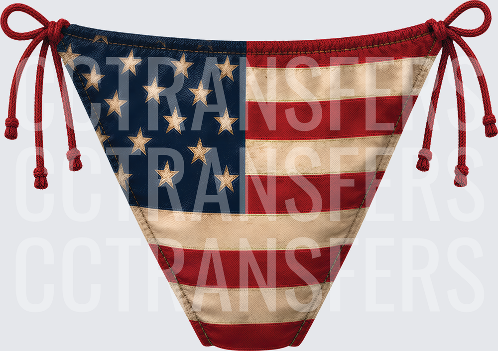 Vintage American Flag Bikini Bottom with Red Tie Strings (DTF)