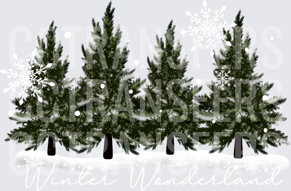 Snow Covered Pine Trees Winter Forest with Snowflakes (DTF)