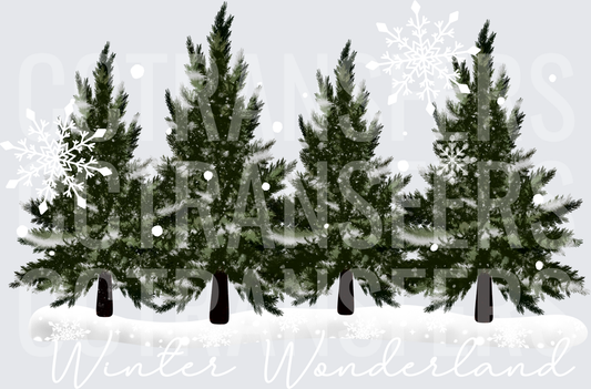 Snow Covered Pine Trees Winter Forest with Snowflakes (DTF)