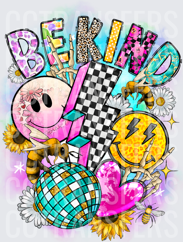 Be Kind Retro Groovy Smiley Bees Disco Ball Collage (DTF)