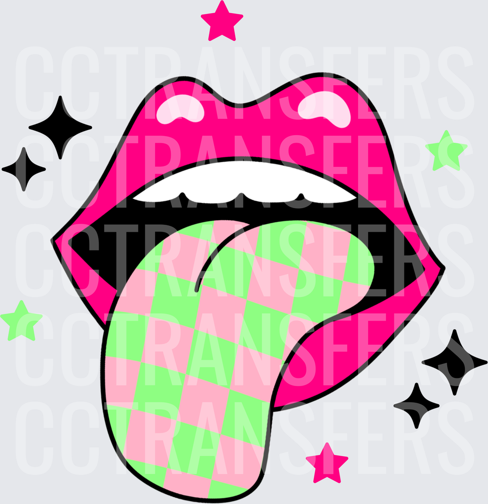 Hot Pink Lips Green Pink Checkered Tongue Stars (DTF)