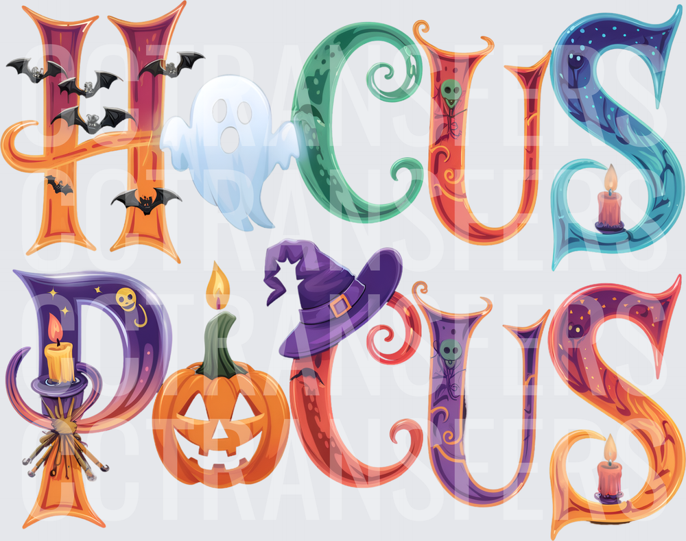 Hocus Pocus Spooky Halloween Letters Ghost Bats Pumpkin (DTF)