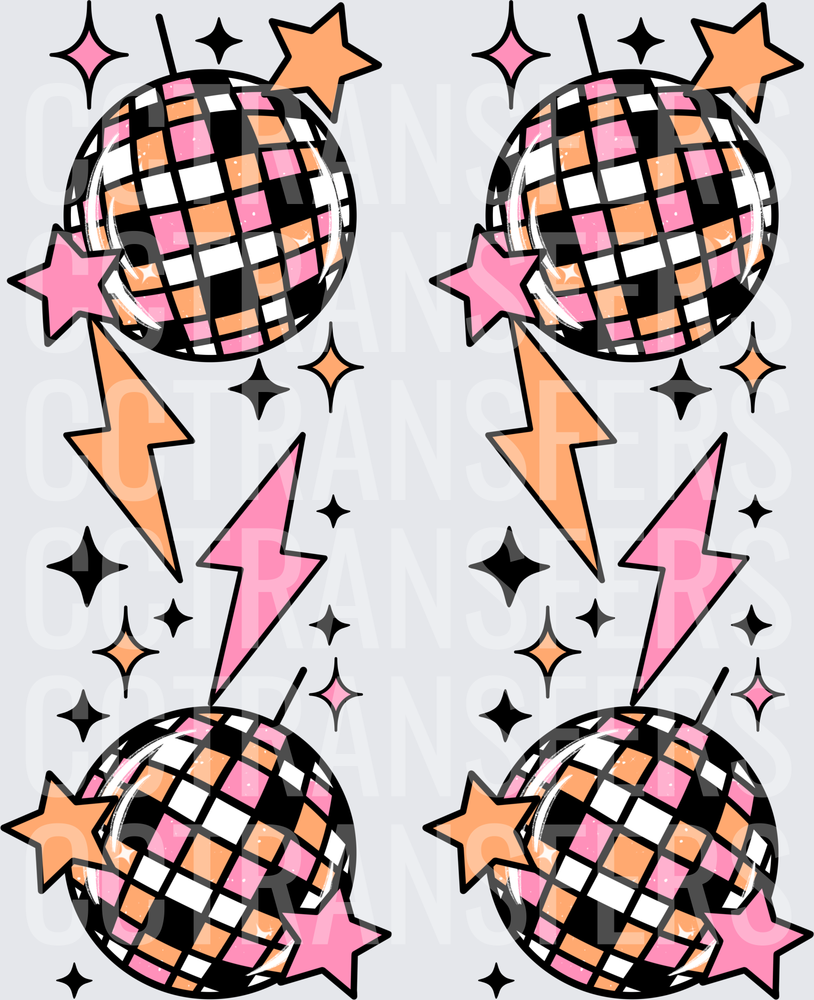 Retro Disco Ball Lightning Bolt Stars Pink Orange Pattern (DTF)